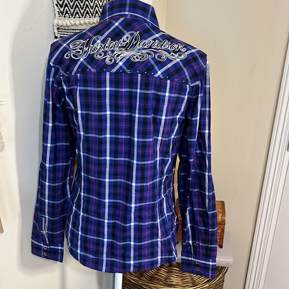 Harley-Davidson Plaid Button-down Long Sleeved Top/ Size Medium/ Blue - Picture 5 of 9